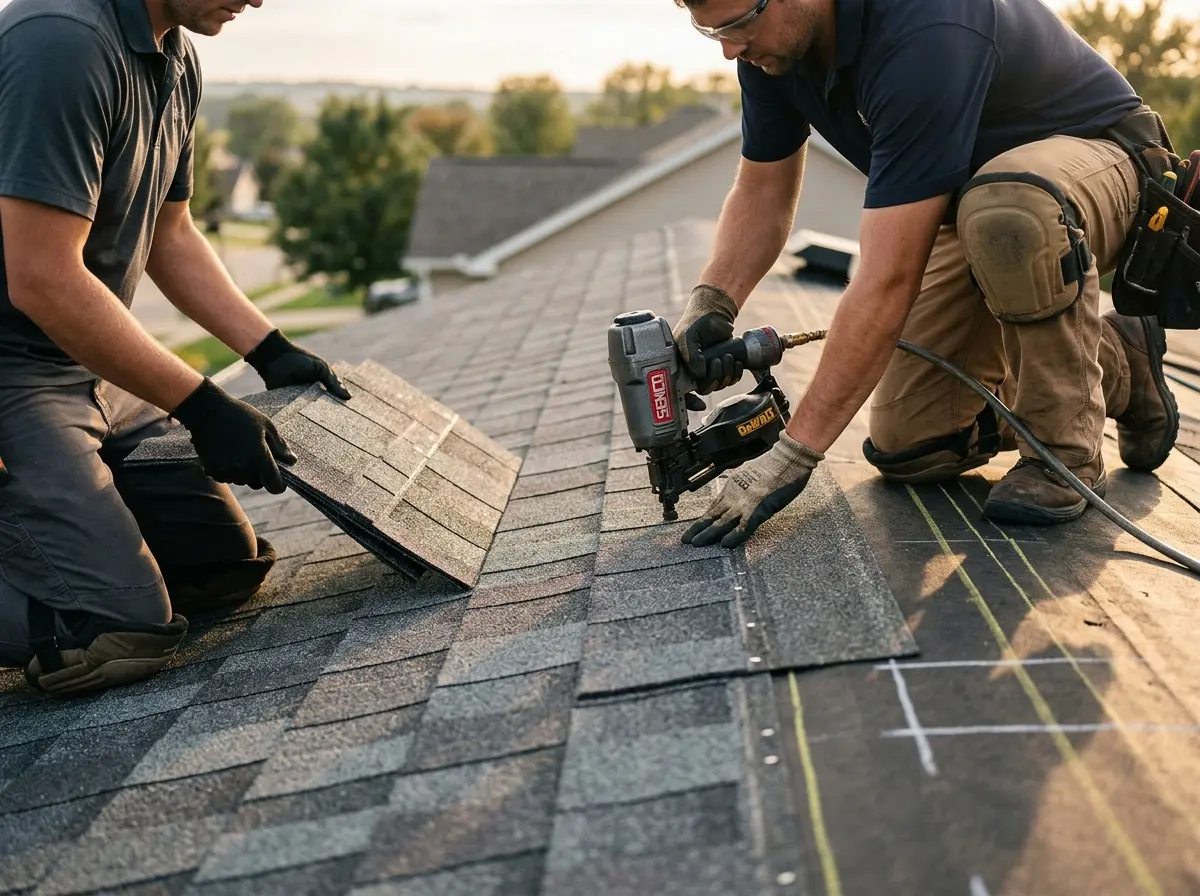 Professional roofer working on a residential roof in Morrow